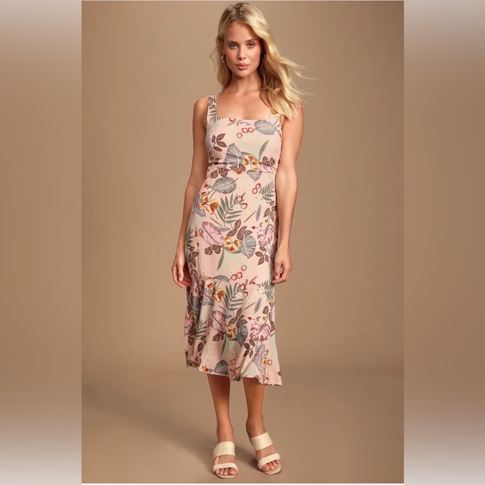 Lulus The Lulus Island Sun Blush Pink Tropical Print Tie-Back Midi Dress. NWT.